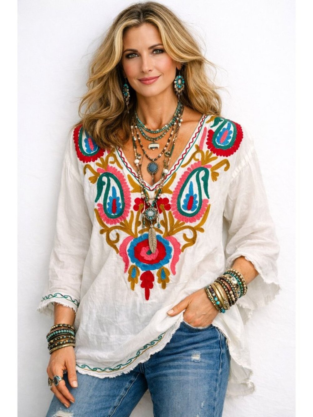 Royal Moda Womens M White Santa Fe Boho Embroidered Blouse Cotton Sustainable